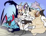  anthro arkylarky aurali beak blue_eyes bowen_whitehooves capcom caprine controller feathers female fur game_controller hi_res hooves horn inq loruke lucent_nargacuga male mammal merino monster_hunter nargacuga open_mouth sheep simple_background sitting smile tongue video_games white_fur wings wool 