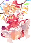  absurdres ascot bangs blonde_hair bloomers blush eyebrows_visible_through_hair flandre_scarlet full_body hat hat_ribbon highres long_hair looking_at_viewer mob_cap open_mouth paragasu_(parags112) red_eyes red_footwear red_skirt ribbon shoes side_ponytail simple_background skirt skirt_set smile socks solo touhou underwear vest white_background white_legwear wings wrist_cuffs 
