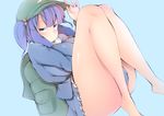  ass backpack bag bangs barefoot blue_eyes blue_hair blunt_bangs blush breasts commentary convenient_leg hat hat_tip kawashiro_nitori large_breasts legs looking_at_viewer shishi_juuroku short_hair solo thick_thighs thighs touhou two_side_up 