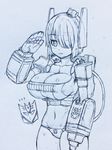  bangs bikini blunt_bangs breasts cannon cleavage decepticon hair_over_one_eye highres large_breasts looking_at_viewer mecha_musume monochrome navel personification salute shockwave_(transformers) short_hair simple_background sketch solo swimsuit transformers tsuji_santa white_background 