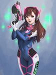  absurdres acronym animal_print bangs blue_background blue_bodysuit bodysuit bracer breasts brown_eyes brown_hair bunny_print charm_(object) clothes_writing covered_navel cowboy_shot d.va_(overwatch) eyelashes facepaint facial_mark gloves glowing gun handgun headphones high_collar highres holding holding_gun holding_weapon hologram long_hair looking_at_viewer medium_breasts open_mouth overwatch pauldrons pilot_suit pink_lips pistol ribbed_bodysuit ryea_hwa shoulder_pads skin_tight smile solo swept_bangs weapon whisker_markings white_gloves 