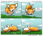  2014 4koma ambiguous_gender aylastardragon black_nose canine cel_shading comic corgi cute dialogue digital_drawing_(artwork) digital_media_(artwork) dog english_text feral fur grass jumping lying mammal meme on_back open_mouth paws quadruped smile solo sound_effects speech_bubble text thought_bubble toony 
