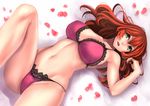  armpits bare_arms bare_legs bare_shoulders bra breasts commentary_request green_eyes groin hair_between_eyes highres lace lace-trimmed_bra lace-trimmed_panties large_breasts long_hair looking_at_viewer lying navel on_back open_mouth original panties petals pink_bra pink_panties red_hair rose_petals solo stomach underwear underwear_only yashichii 