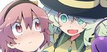  black_hat bow frilled_shirt_collar frills green_eyes hairband hat highres komeiji_koishi komeiji_satori multiple_girls pink_eyes pink_hair shirt short_hair siblings silver_hair simple_background sisters touhou white_background yellow_bow yellow_shirt yutamaro 