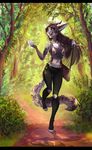  5_fingers anthro barefoot black_bars clothed clothing day detaield_background digitigrade feline hair inner_ear_fluff long_hair mammal midriff navel open_mouth outside smile solo sorafoxyteils teeth tongue wide_hips 