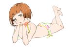  all_fours ass bangs bare_arms bare_legs barefoot bikini blunt_bangs bouen breasts brown_eyes brown_hair chin_rest commentary_request feet full_body head_tilt highres idolmaster idolmaster_cinderella_girls kitami_yuzu looking_at_viewer lying medium_breasts on_stomach open_mouth print_bikini short_hair side-tie_bikini solo swimsuit the_pose toe_scrunch toes transparent_background 