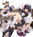  afloat apron brown_eyes brown_hair dress feet floating frilled_dress frills green_eyes grey_hair hair_ribbon highres long_sleeves looking_at_viewer maid maid_apron maid_headdress multiple_girls nyoro_(nyoronyoro000) open_mouth original purple_hair ribbon short_sleeves socks tabi twintails wrist_cuffs 