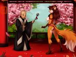  5_fingers athro bare_back black_nose breasts brown_hair canine day detailed_background digitigrade dragonfu duo_focus fox fur group hair holding_object human mammal nipples open_mouth orange_fur outside smile standing 