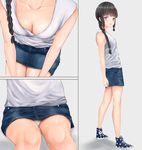  alternate_costume bangs bare_arms black_hair blue_footwear blunt_bangs braid breasts check_commentary cleavage collarbone commentary commentary_request converse cross-laced_footwear downblouse eyebrows_visible_through_hair full_body irohakaede kantai_collection kitakami_(kantai_collection) leaning_forward long_hair looking_at_viewer multiple_views open_mouth panties pantyshot purple_eyes shoelaces shoes sleeveless small_breasts sneakers standing star star_print underwear upskirt white_panties 
