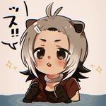  :3 ahoge american_beaver_(kemono_friends) animal_ears antenna_hair bangs_pinned_back beaver_ears black_gloves black_swimsuit blush brown_eyes brown_hair brown_jacket buck_teeth chromatic_aberration clenched_hands collarbone dot_nose eyebrows fur_collar gloves gradient_hair grey_hair hair_ornament hairclip hands_up jacket kajino kemono_friends looking_at_viewer medium_hair multicolored_hair open_clothes open_jacket open_mouth outdoors partially_submerged river short_sleeves smile solo sparkle speech_bubble swimsuit swimsuit_under_clothes tareme teeth thick_eyebrows upper_teeth water white_hair 