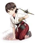  aircraft airplane artist_name boots brown_eyes brown_hair folded_ponytail gloves grey_footwear hakama highres japanese_clothes kantai_collection kasuga_maru_(kantai_collection) omoomomo partly_fingerless_gloves red_hakama short_hair short_sleeves signature smile solo white_background yugake 