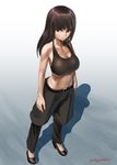  abazu-red bangs belt black_footwear black_pants blunt_bangs breasts brown_eyes brown_hair cleavage commentary flats frown full_body girls_und_panzer large_breasts long_hair mature midriff navel nishizumi_shiho no_shirt pants shadow shoes solo sports_bra standing twitter_username 
