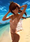  absurdres armpits arms_behind_head arms_up beach blue_sky blush bottomless breasts closed_mouth cloud collarbone covered_nipples cowboy_shot dark_skin day footprints hair_ornament highres horizon i-401_(kantai_collection) kantai_collection long_hair looking_at_viewer nipples no_bra non-web_source ocean outdoors ponytail sand scan see-through shirt shore sky sleeveless small_breasts smile solo standing sunlight sweatdrop tan tanline wa_(genryusui) water wet wet_clothes wet_shirt white_shirt 