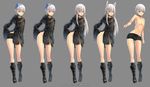  animal_ears belt_boots blush boots bow choker gloves hair_bow highres kneehighs legs long_hair looking_at_viewer male_focus navel nier_(series) nier_automata open_mouth otoko_no_ko pale_skin patterned_clothing phandit_thirathon short_hair simple_background smile text_focus thighs topless underwear underwear_only white_hair yorha_no._9_type_s 