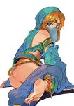  alternate_costume bandeau barefoot blonde_hair blue_eyes bridal_gauntlets crossdressing cum cum_on_body cum_on_lower_body detached_sleeves feet gerudo_link jewelry link looking_at_viewer male_focus otoko_no_ko pants_down pydiyudie soles solo the_legend_of_zelda the_legend_of_zelda:_breath_of_the_wild veil 