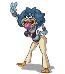  2017 anthro armband avian bird blue_feathers blue_hair breasts butt cleavage clothed clothing collar crop_top digital_media_(artwork) feathers female goodbadartist hair half-closed_eyes harvey_beaks_(series) makeup miriam_beaks pose shirt simple_background solo standing tongue tongue_out white_background 