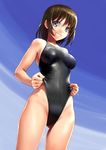  ass_visible_through_thighs bare_shoulders blue_eyes breasts brown_hair competition_swimsuit covered_navel dutch_angle eyebrows_visible_through_hair from_below grin highleg highleg_swimsuit katahira_masashi medium_breasts one-piece_swimsuit original simple_background smile solo swimsuit swimsuit_lift wet 