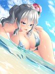  alternate_costume bangs beach bikini blue_eyes blue_sky blurry blush breasts cleavage cloud cloudy_sky collarbone covered_nipples day dutch_angle eyebrows_visible_through_hair flower frilled_bikini frills hair_between_eyes hair_flower hair_ornament highres hips kantai_collection kashima_(kantai_collection) large_breasts light_smile looking_at_viewer ocean oekakizuki open_mouth outdoors partially_submerged shiny shiny_hair shiny_skin silver_hair sky smile solo swimsuit twintails water wavy_hair wet wet_clothes 