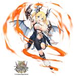  armpits bangs bare_shoulders blonde_hair blue_eyes boots brave_girl_ravens breasts claw_(weapon) cleavage copyright_name dragon_girl eyebrows_visible_through_hair f-cla full_body gauntlets highres horns knee_boots large_breasts logo looking_at_viewer official_art open_mouth sideboob simple_background skin_tight smile solo tanya_(brave_girl_ravens) twintails weapon white_background wings 