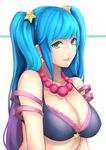  absurdres arcade_sona bangs bare_shoulders bead_necklace beads black_bikini_top blue_eyes blue_hair bra breasts cleavage closed_mouth collarbone commentary_request earrings gradient_hair hair_ornament highres jewelry large_breasts league_of_legends long_hair looking_at_viewer multicolored_hair necklace purple_bra purple_hair smile solo sona_buvelle star star_earrings star_hair_ornament swept_bangs twintails underwear upper_body very_long_hair yashichii 