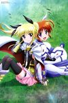  absurdres black_legwear blonde_hair blush boots breasts brown_hair cape closed_mouth elbow_gloves fate_testarossa fingerless_gloves gauntlets gloves grass hair_ribbon highres kawamoto_miyoko long_hair looking_at_viewer lyrical_nanoha magical_girl mahou_shoujo_lyrical_nanoha_the_movie_3rd:_reflection multiple_girls official_art open_mouth outdoors pink_skirt pleated_skirt purple_eyes red_eyes ribbon short_twintails sitting skirt small_breasts smile takamachi_nanoha thighhighs twintails very_long_hair 