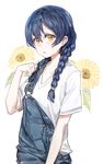  absurdres alternate_costume alternate_hairstyle blue_hair blush braid eyebrows_visible_through_hair flower highres long_hair looking_at_viewer love_live! love_live!_school_idol_project open_mouth overalls solo sonoda_umi sunflower twin_braids yellow_eyes yohan1754 