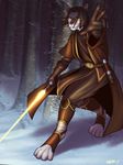  5_fingers anthro armor asarkadraws beads belt black_hair canine clothing digitigrade fan_character footwraps forest fur gloves grey_fur hair invalid_background jedi kajex_surnahm kanj&#039;isha lightsaber male mammal melee_weapon paws robes smile snow star_wars tree weapon wolf yellow_eyes 