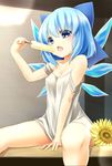  blue_eyes blue_hair blue_ribbon bow cirno eating eyebrows_visible_through_hair food hair_bow holding holding_food ice ice_wings looking_at_viewer off_shoulder open_mouth popsicle ribbon shirt short_hair solo strap_slip the_embodiment_of_scarlet_devil touhou tukiyofree white_shirt wings 