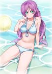  ball beach beachball bikini blue_bikini blush breasts cleavage green_eyes highres large_breasts long_hair looking_at_viewer love_live! love_live!_school_idol_project low_twintails navel partially_submerged purple_hair smile solo swimsuit toujou_nozomi twintails yohan1754 