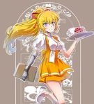  anna_miller apron blonde_hair blouse cake commentary_request cup food hairband iesupa long_hair mug name_tag prosthesis prosthetic_arm purple_eyes rwby shoes smile solo tray waitress white_blouse yang_xiao_long 
