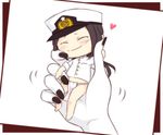  black_nails blush_stickers brown_hair chibi closed_eyes commentary_request epaulettes female_admiral_(kantai_collection) fundoshi hat heart jacket japanese_clothes kantai_collection long_hair low_ponytail military military_hat military_uniform minigirl multiple_girls nail_polish neko_majin pale_skin peaked_cap shinkaisei-kan sitting_on_hand smile uniform white_background 