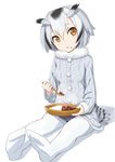  :o bird_tail black_hair blush brown_eyes brown_hair buttons coat commentary curry curry_rice eyebrows_visible_through_hair feet food food_on_face fur_collar gochou_(atemonai_heya) grey_coat grey_hair hair_between_eyes head_tilt holding holding_plate holding_spoon kemono_friends long_sleeves looking_at_viewer multicolored_hair no_shoes northern_white-faced_owl_(kemono_friends) open_mouth pantyhose parted_lips plate rice shadow short_hair simple_background sitting soles solo spoon tail triangle_mouth white_background white_legwear wooden_spoon 