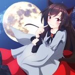  animal_ears blush breasts brooch brown_hair dress fang full_moon highres hiyohiyo_(naka) imaizumi_kagerou index_finger_raised jewelry long_hair looking_at_viewer medium_breasts moon night night_sky pointing pointing_at_self red_eyes sky smile solo touhou wide_sleeves wolf_ears 