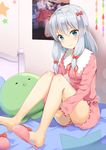  aibumi bangs bedroom blouse blue_eyes blush bow closed_mouth commentary_request eromanga_sensei eyebrows_visible_through_hair frills grey_hair hair_between_eyes hair_bow highres indoors izumi_sagiri knees_together_feet_apart long_hair long_sleeves looking_at_viewer on_bed pajamas pink_blouse pink_bow poster_(object) silver_hair sitting slippers slippers_removed solo stuffed_animal stuffed_octopus stuffed_toy 