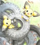  gen_2_pokemon hairy_pichu handheld_game_console highres holding_handheld_game_console kidura looking_up meta nintendo_ds no_humans outdoors pichu playing_games pokemon pokemon_(creature) product_placement tire traditional_media 
