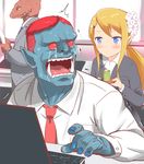  2boys blonde_hair blue_eyes blue_skin business_suit commentary crying crying_with_eyes_open cup dress_shirt elf flower formal hair_flower hair_ornament lizardman long_hair multiple_boys mushi_gyouza orc original pointy_ears ponytail red_eyes red_hair revision shirt suit tea tears tray yunomi 