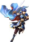  absurdres blue_eyes blue_hair boots breastplate cape crown falchion_(fire_emblem) fingerless_gloves fire_emblem fire_emblem_heroes full_body gloves highres holding holding_sword holding_weapon male_focus marth official_art open_mouth pauldrons solo sword transparent_background wada_sachiko weapon wind wind_lift 