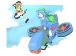  :d :o akihikohex backpack bag black_footwear blonde_hair blue_eyes blue_footwear blue_hair blue_sky blush_stickers boots broom broom_riding cloud day driving empty_eyes flying green_backpack green_hat hair_bobbles hair_ornament hand_on_headwear hat highres hovercraft kawashiro_nitori kirisame_marisa multiple_girls open_mouth outdoors shaded_face shoes sitting sky smile socks touhou two_side_up watercraft white_legwear witch_hat yellow_eyes 