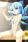  bare_shoulders blue_eyes blue_hair blue_ribbon bow breasts cirno covered_nipples eating eyebrows_visible_through_hair flower food hair_bow heart hidden_star_in_four_seasons holding holding_food ice ice_wings looking_at_viewer nipples open_mouth petite popsicle ribbon shirt short_hair small_breasts solo sunflower tanned_cirno touhou tukiyofree white_shirt wings 
