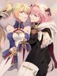  1boy 1girl astolfo_(fate) bangs black_bow black_ribbon blonde_hair blue_eyes boots bow bradamante_(fate/grand_order) breasts cloak closed_mouth commentary elbow_gloves fate/grand_order fate_(series) fur_trim gauntlets gloves hair_intakes hair_ribbon hand_in_hair hand_on_own_knee legs_crossed long_hair looking_at_viewer medium_breasts multicolored_hair open_mouth pink_hair purple_eyes ribbon shinsukeja signature smile streaked_hair twintails very_long_hair 