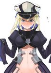  &gt;:( blonde_hair blue_eyes blush bottomless breasts color_guide commentary_request cosplay embarrassed fate/extra fate/extra_ccc fate_(series) frown graf_zeppelin_(kantai_collection) groin hair_between_eyes hair_ribbon hat hayami_saori highres kantai_collection large_breasts long_sleeves looking_down masukuza_j meltlilith meltlilith_(cosplay) navel out-of-frame_censoring peaked_cap revealing_clothes ribbon seiyuu_connection sidelocks simple_background solo sweatdrop tsurime twintails underboob v-shaped_eyebrows white_background wide_sleeves 