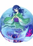  blue_eyes blue_hair drill_hair fingers_together green_kimono head_fins highres japanese_clothes kimono mermaid monster_girl obi sash smile solo touhou underwater wakasagihime xianjian_lingluan 