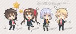  2boys 2girls :o ;d bangs black_eyes black_jacket black_legwear black_pants blazer blonde_hair blue_eyes blue_hair bow bowtie braid brown_hair character_name chibi copyright_name diagonal-striped_background diagonal_stripes full_body grey_hair hair_bow hand_in_pocket hime_(peke_(xoxopeke)) jacket long_hair miniskirt multiple_boys multiple_girls necktie one_eye_closed open_mouth original pants peke_(xoxopeke) pleated_skirt red_bow red_neckwear school_uniform shizuku_(peke_(xoxopeke)) short_hair skirt smile standing standing_on_one_leg star star_balloon striped striped_background twintails twitter_username yellow_eyes 