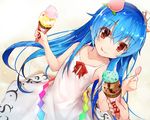  adapted_costume bangs blue_hair collarbone dress dutch_angle efe flat_chest food fruit gradient gradient_background hair_between_eyes hinanawi_tenshi holding holding_spoon ice_cream licking_lips long_hair md5_mismatch peach red_eyes smile solo_focus spoon sundress tongue tongue_out touhou white_dress 