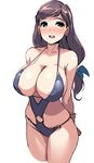  areola_slip areolae arms_behind_back bangs black_swimsuit blue_eyes blush bow breasts brown_hair cleavage covered_nipples cowboy_shot earrings hair_bow halterneck huge_breasts jewelry long_hair low-tied_long_hair mole mole_under_eye o-ring o-ring_swimsuit one-piece_swimsuit original shimazu_tekkou simple_background smile solo swept_bangs swimsuit white_background 