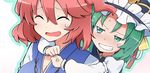  ^_^ anger_vein angry blue_hat blue_vest blush clenched_hands clenched_teeth closed_eyes crown green_eyes green_hair grin hair_between_eyes hat hug hug_from_behind juliet_sleeves long_sleeves multiple_girls onozuka_komachi open_mouth puffy_sleeves red_hair shiki_eiki shirt short_hair smile sweat sweatdrop teeth touhou two_side_up vest white_shirt yutamaro 