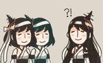  3girls blush_stickers closed_eyes comic commentary detached_sleeves dual_persona fusou_(kantai_collection) hachimaki hair_ornament headband japanese_clothes kantai_collection long_hair multiple_girls nontraditional_miko otoufu short_hair smile spoken_interrobang tan_background wide_sleeves yamashiro_(kantai_collection) 