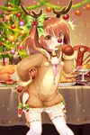  1girl animal_costume arm_behind_back bell bell_choker blush bottle bow brown_eyes brown_hair candy candy_cane character_request choker christmas christmas_tree copyright_request eating fake_antlers flat_chest food fork fruit fur_trim gingerbread_man gloves grapes hair_bow hood looking_at_viewer mvv partially_unzipped pie pom_pom_(clothes) reindeer_costume ribbon-trimmed_sleeves ribbon_choker ribbon_trim short_hair solo sparkle sweat table thighhighs two_side_up white_legwear wine_bottle zipper zipper_pull_tab 