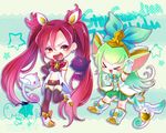 &gt;_&lt; 2girls alternate_costume alternate_hair_color alternate_hairstyle animal_ears boots bow elbow_gloves green_hair jinx_(league_of_legends) kuro_(league_of_legends) league_of_legends long_hair lulu_(league_of_legends magical_girl multiple_girls pix_(league_of_legends) shiro_(league_of_legends) star_guardian_jinx star_guardian_lulu thighhighs tied_hair twintails very_long_hair yordle 