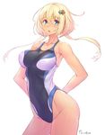  arms_behind_back blonde_hair blue_eyes character_request competition_swimsuit copyright_request cowboy_shot groin long_hair nadare-san_(nadare3nwm) one-piece_swimsuit short_hair_with_long_locks signature simple_background solo swimsuit white_background 
